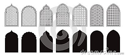 Black arab windows badge. Religious architecture islamic silhouettes, arabesque pattern. Oriental ornament window Vector Illustration