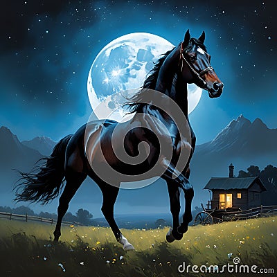 A black Arabian mustang in a field, moonlit night, a house nearby, mountain view, horse, animal, painting art Stock Photo