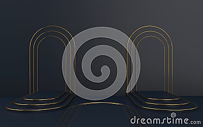 Black arc with a podium, minimal portal, 3d rendering, scene with geometrical forms, minimal abstract background, black Stock Photo