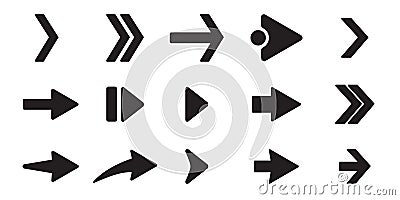 Black arrow icons set. Different shape concept, internet button isolated on white background, graphic design. Flat arrow signs. Vector Illustration