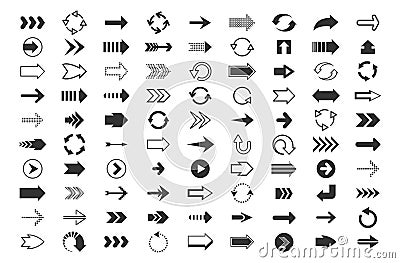 Black arrows big set. Direction pointers, up down left right signs of dots shapes and strokes, linear icon cursor pixel Vector Illustration