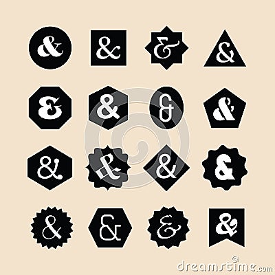 Black assorted geometrical shapes emblems set with white different ampersand fonts icons set Vector Illustration