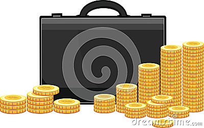 Black attache case with piles of gold coins Stock Photo