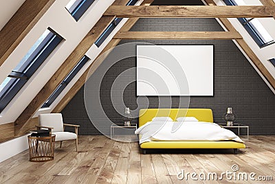 Black attic bedroom interior, yellow bed Stock Photo
