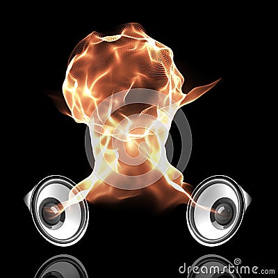 Black audio system with fiery sound waves Stock Photo