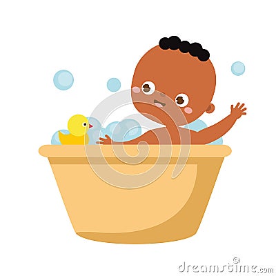 Black baby washing. African american toddler have bath. Newborn child, Little kid in bubble water with duck rubber toy Vector Illustration