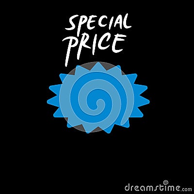 Black background, blue dialog box and SPECIAL PRICE written in white Stock Photo