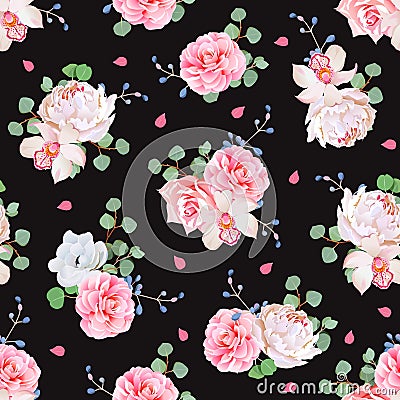 Black background with bouquets of rose, peony, camellia, orchid, anemone, blue berries and eucaliptis leaves Vector Illustration