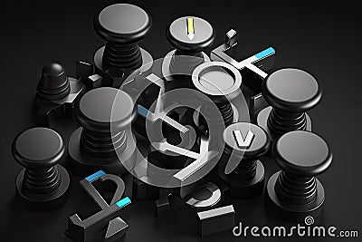 Black background consisting game keys joystick, x, zero 3d rendering Stock Photo