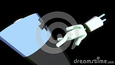 Black background. Design.A bright green robot in animation walking around a small object with a picture of a cross. Stock Photo