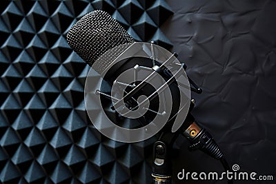 Black background with microphone on the left side, sound foam in triangles pattern behind it. background for podcast or recor Cartoon Illustration