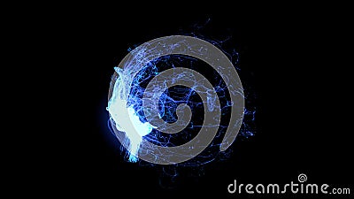 Black background. Motion.The blue rays seem to fluctuate like magic and form the shape of a ball in abstraction. Stock Photo