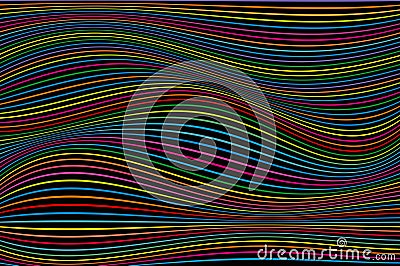 Black background with multicolored thin wavy lines, vivid shades of colors Stock Photo