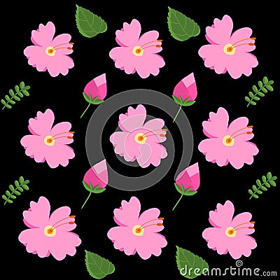 Black background picture, pink flowers, alternating pattern leaves and flowers. Stock Photo