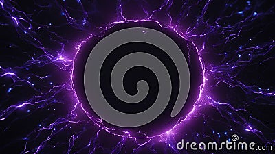 A black background with a round shape of blue and purple electric sparks Stock Photo