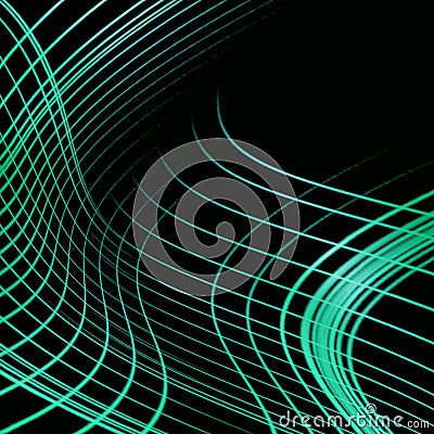 Black background with wavy thin neon green stripes. Stock Photo