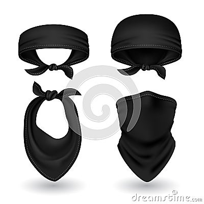 Black bandana. Cowboy or biker scarf, bandanna and kerchief. Blank handkerchief unisex uniform. Cowboy accessories Vector Illustration