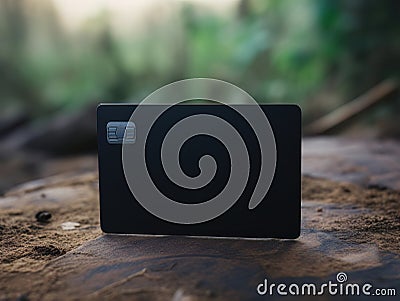 Black bank credit card on wooden stump in the forest AI Stock Photo