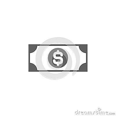 Black bank note with dollar sign. Flat icon isolated on white. Money pictogram. Dollar and cash, coin Cartoon Illustration