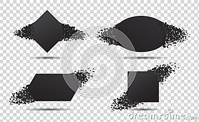 Black banner with explosion particles. Concept of broken card with debris. 3d burst effect. Square and circle shape explode Stock Photo