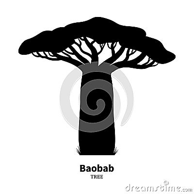 Black baobab tree silhouette Vector Illustration