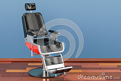 Black Barber Chair in room on the wooden floor, 3D rendering Stock Photo