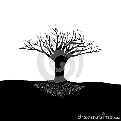 Black bare tree with roots in the ground on an empty background Vector Illustration