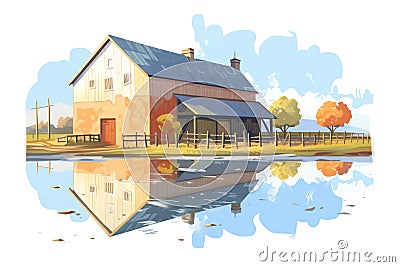 black barn reflected in nearby puddle after rain Stock Photo