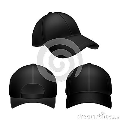 Black baseball cap. Empty hat mockup, headwear caps in back, front and side view. Corporate uniform clothes cap Vector Illustration