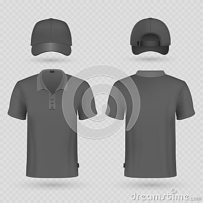 Black baseball cap and male polo t-shirt realistic vector mockup Vector Illustration