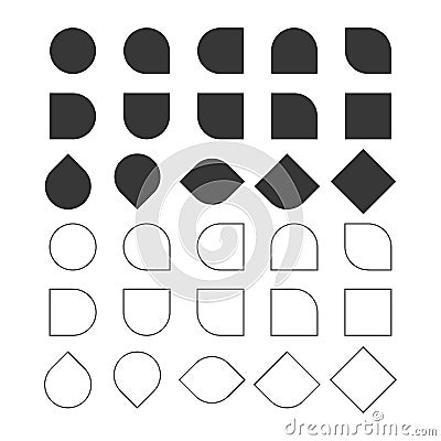 Black basic solid and line empty circle and square changing shapes design elements set on white Vector Illustration
