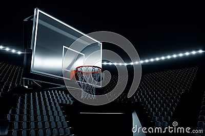 Black basketball hall with empty stands, dark basketball court, basketball stadium. Basketball concept, sports betting. Copy space Cartoon Illustration