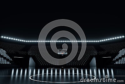 Black basketball hall with empty stands, dark basketball court, basketball stadium. Basketball concept, sports betting. Copy space Cartoon Illustration