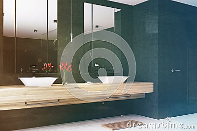 Black bathroom interior, double sink, corner toned Stock Photo