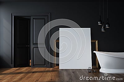 Black bathroom, white tub, poster Stock Photo