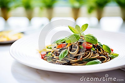 black bean pasta on a white plate Stock Photo