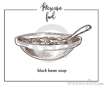 Black bean soup sketch vector icon for Mexican cuisine food menu design Vector Illustration