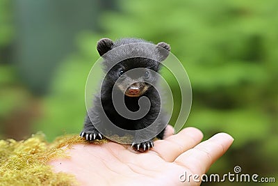 Black bear tiny smallest animal in the world standing on human hand illustration generative ai Cartoon Illustration