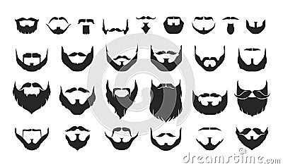 Black beard. Facial hair black silhouettes with different types of moustache and whisker. Barbershop and haircut graphic Vector Illustration