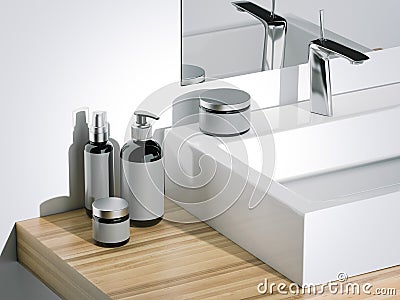 Black beauty cosmetic plastic containers in bathroom. 3d rendering Stock Photo