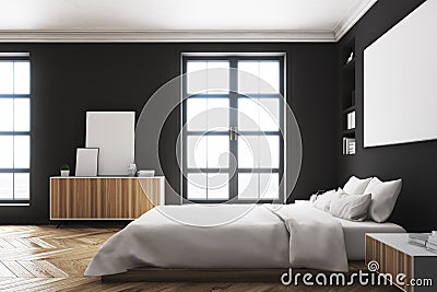 Black bedroom interior, poster, side Stock Photo