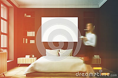 Black bedroom interior, woman, front Stock Photo