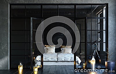 Black bedroom in loft, industrial style Stock Photo