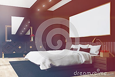 Black bedroom with a poster, corner toned Stock Photo