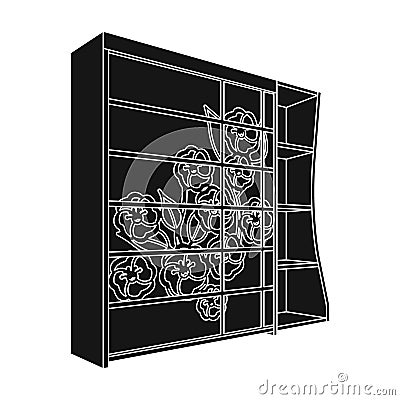 Black bedroom wardrobe with cells.Wardrobe with a beautiful rose on the door.Bedroom furniture single icon in black Vector Illustration