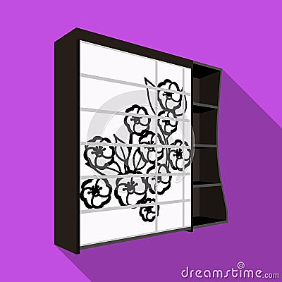Black bedroom wardrobe with cells.Wardrobe with a beautiful rose on the door.Bedroom furniture single icon in flat style Vector Illustration