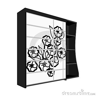Black bedroom wardrobe with cells.Wardrobe with a beautiful rose on the door.Bedroom furniture single icon in monochrome Vector Illustration