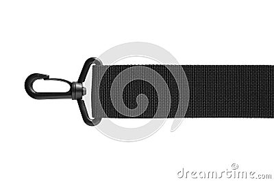 Black belt rope strap lanyard, hanging plastic clasp snap latch hook carabiner, isolated macro closeup, horizontal Stock Photo