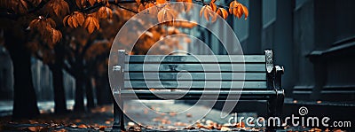 A black bench in a lonely park in autumn Stock Photo