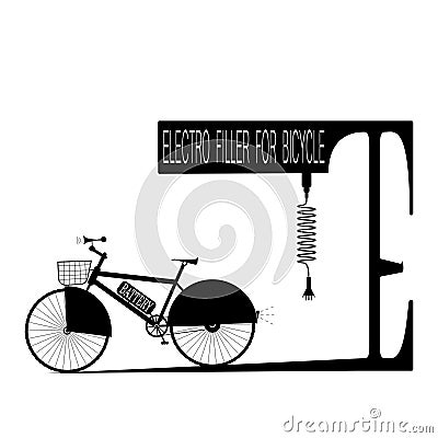 Black bicycle with battery and electro-filler like parking with inscription - vector illustration Cartoon Illustration
